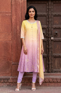 Yellow Ombre Geometric Printed Chanderi Anarkali Kurta With Leggings And Dupatta Set
