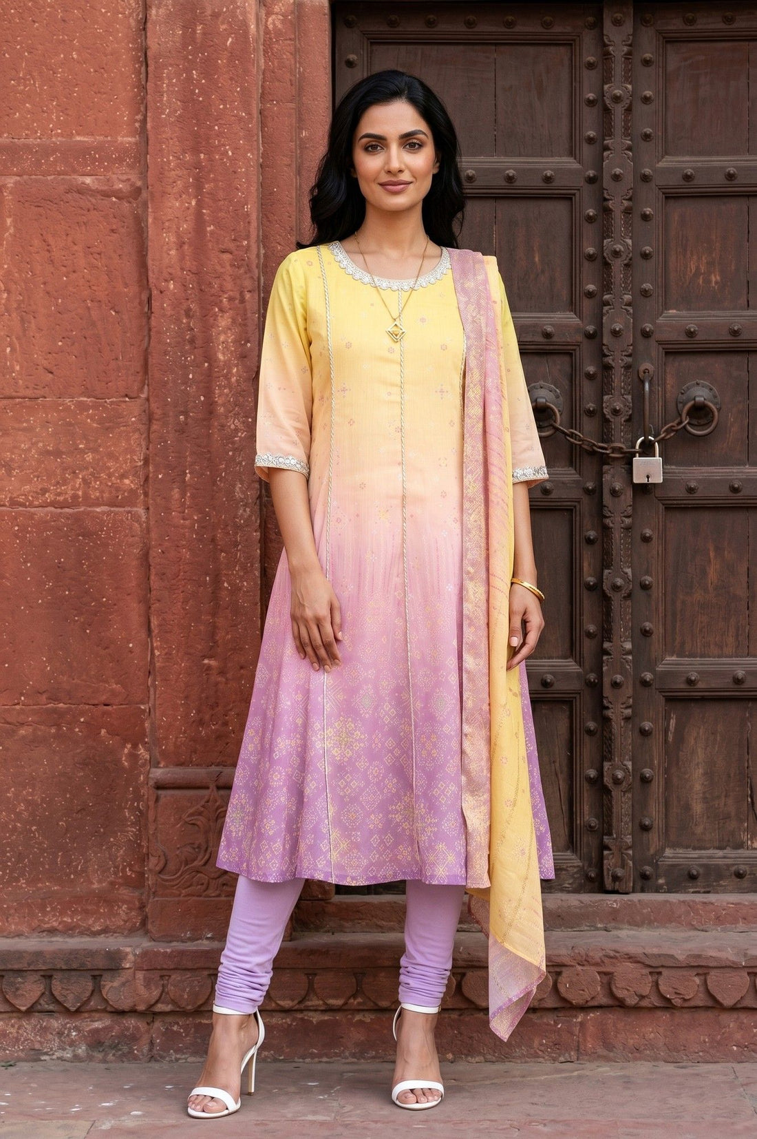 Yellow Ombre Embroidered Chanderi Anarkali Kurta With Leggings And Dupatta Set