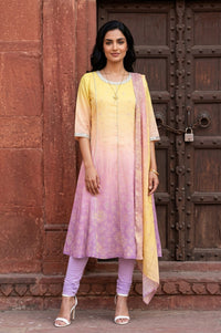 Yellow Ombre Embroidered Chanderi Anarkali Kurta With Leggings And Dupatta Set