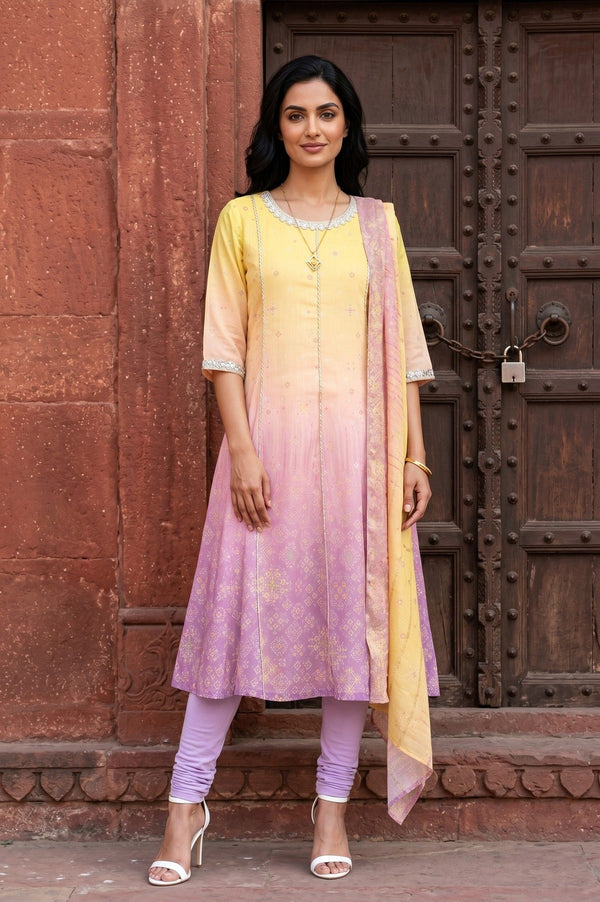 Yellow Ombre Embroidered Chanderi Anarkali Kurta With Leggings And Dupatta Set