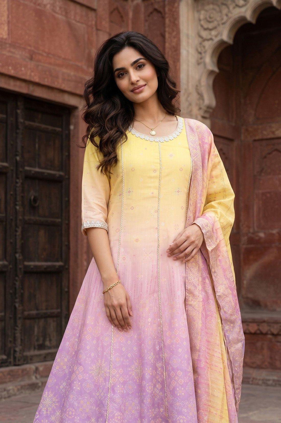 Yellow Ombre Embroidered Chanderi Anarkali Kurta With Leggings And Dupatta Set