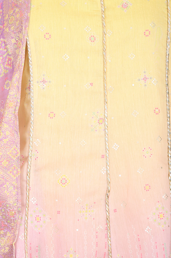 Yellow Ombre Geometric Printed Chanderi Anarkali Kurta With Leggings And Dupatta Set