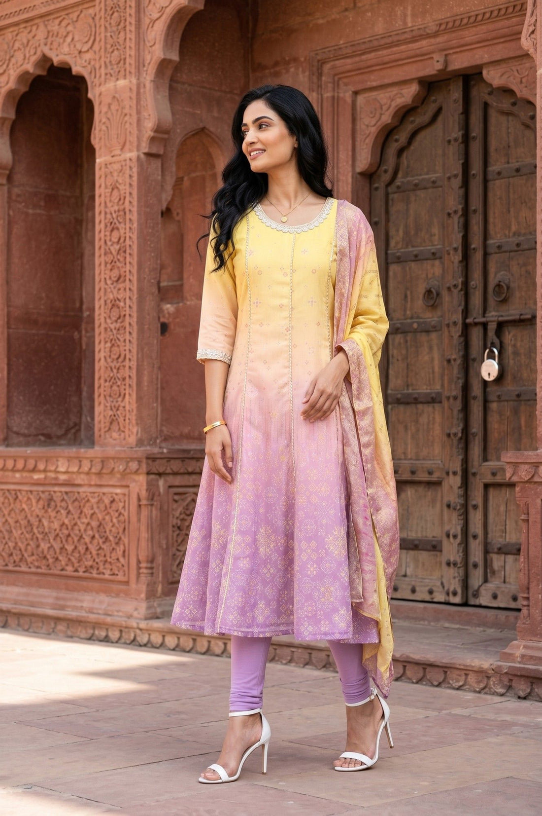 Yellow Ombre Embroidered Chanderi Anarkali Kurta With Leggings And Dupatta Set