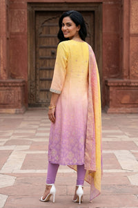 Yellow Ombre Geometric Printed Chanderi Anarkali Kurta With Leggings And Dupatta Set