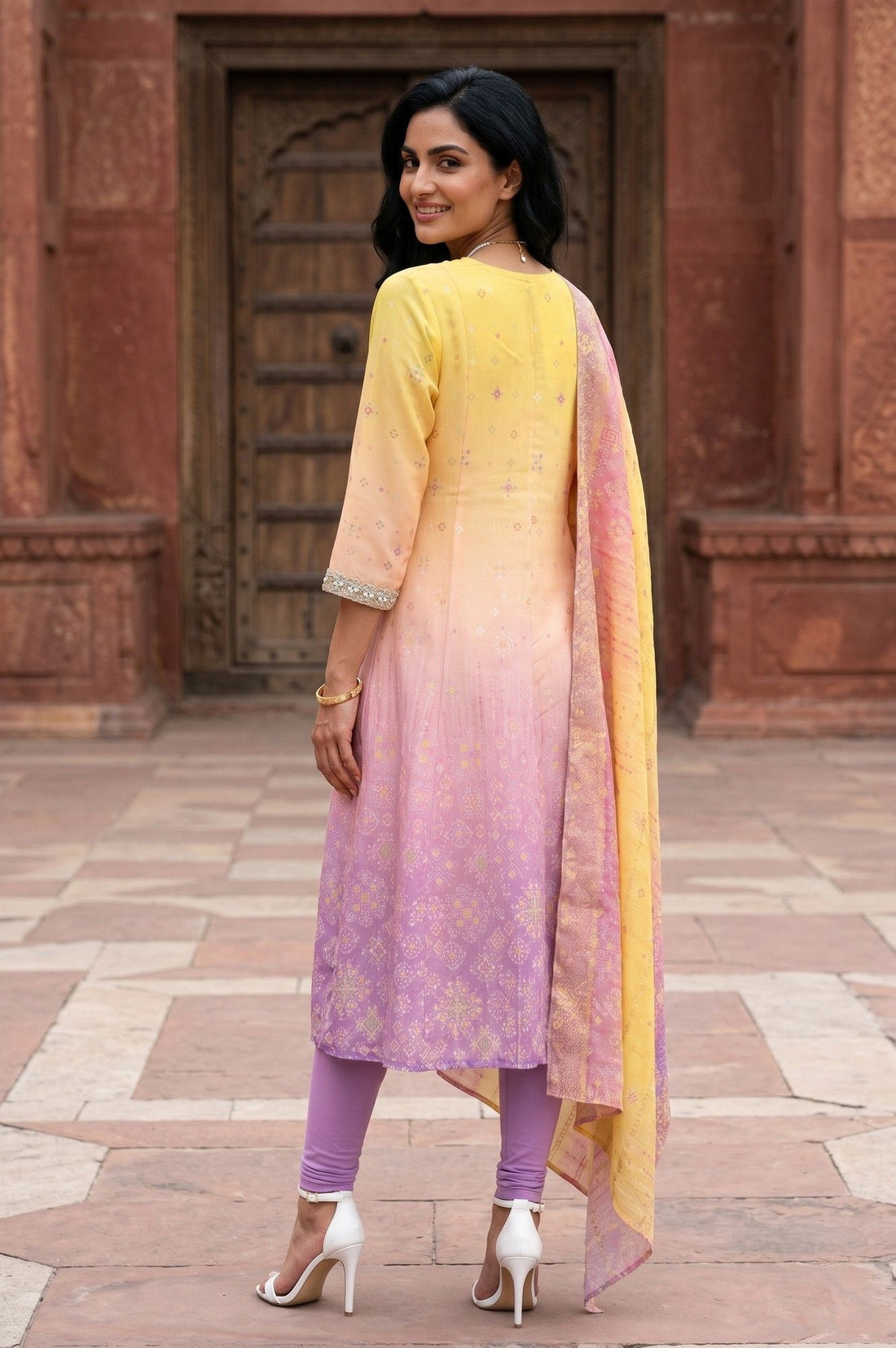 Yellow Ombre Embroidered Chanderi Anarkali Kurta With Leggings And Dupatta Set