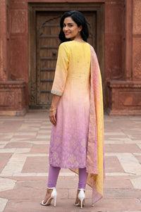 Yellow Ombre Embroidered Chanderi Anarkali Kurta With Leggings And Dupatta Set