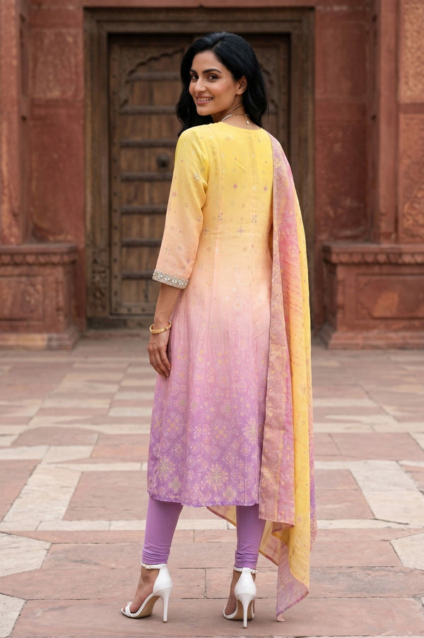 Yellow Ombre Embroidered Chanderi Anarkali Kurta With Leggings And Dupatta Set