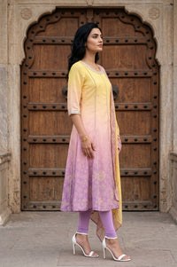 Yellow Ombre Geometric Printed Chanderi Anarkali Kurta With Leggings And Dupatta Set