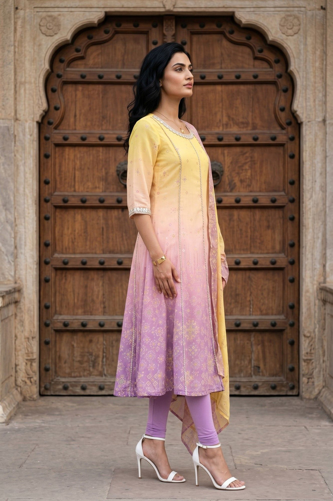 Yellow Ombre Embroidered Chanderi Anarkali Kurta With Leggings And Dupatta Set