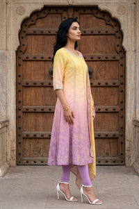 Yellow Ombre Embroidered Chanderi Anarkali Kurta With Leggings And Dupatta Set