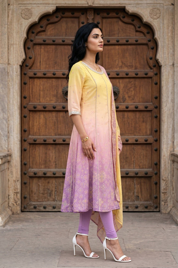 Yellow Ombre Embroidered Chanderi Anarkali Kurta With Leggings And Dupatta Set