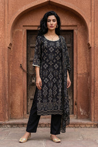 Black Geometric Printed Rayon Straight Kurta With Palazzo and Stole Set