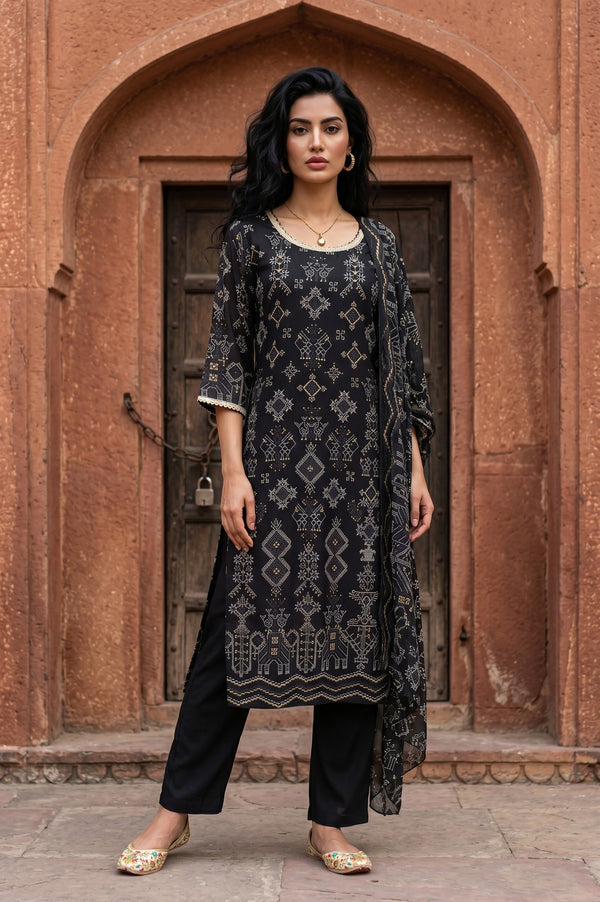 Black Geometric Printed Rayon Straight Kurta With Palazzo and Stole Set