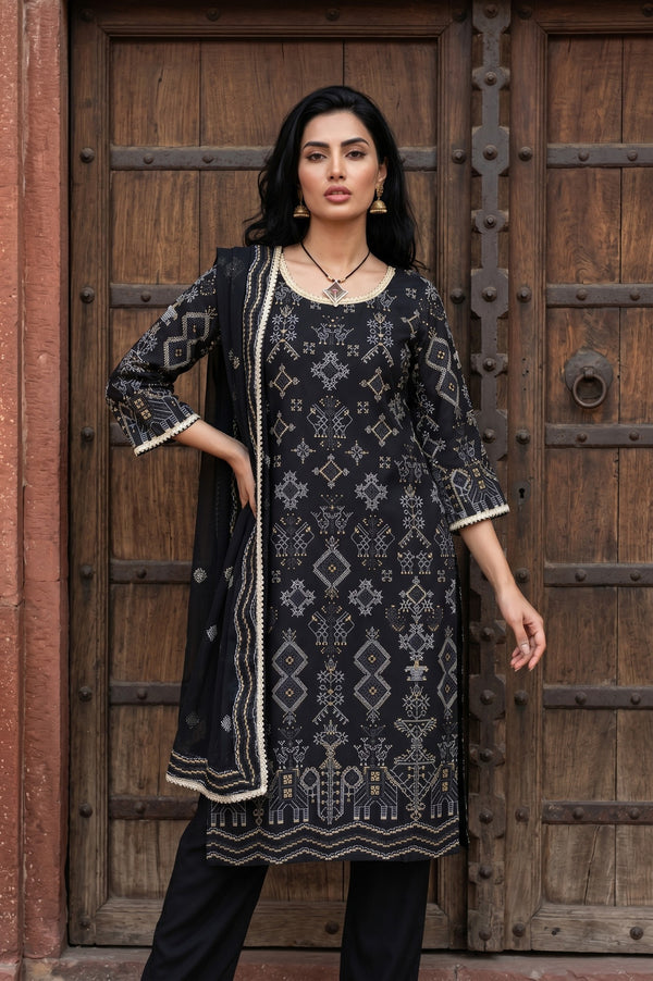 Black Geometric Printed Rayon Straight Kurta With Palazzo and Stole Set