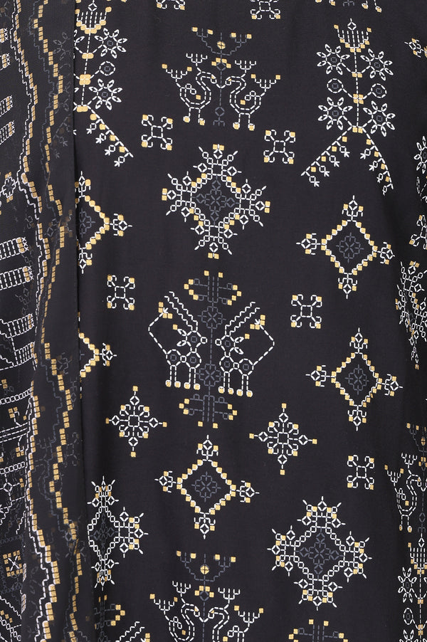 Black Geometric Printed Rayon Straight Kurta With Palazzo and Stole Set