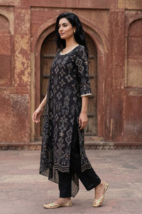 Black Geometric Printed Rayon Straight Kurta With Palazzo and Stole Set