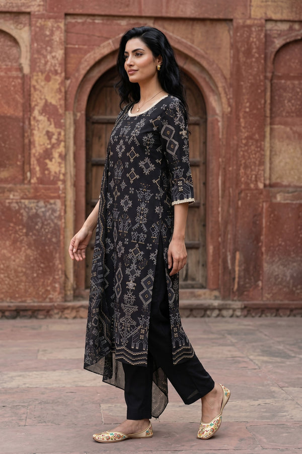 Black Geometric Printed Rayon Straight Kurta With Palazzo and Stole Set