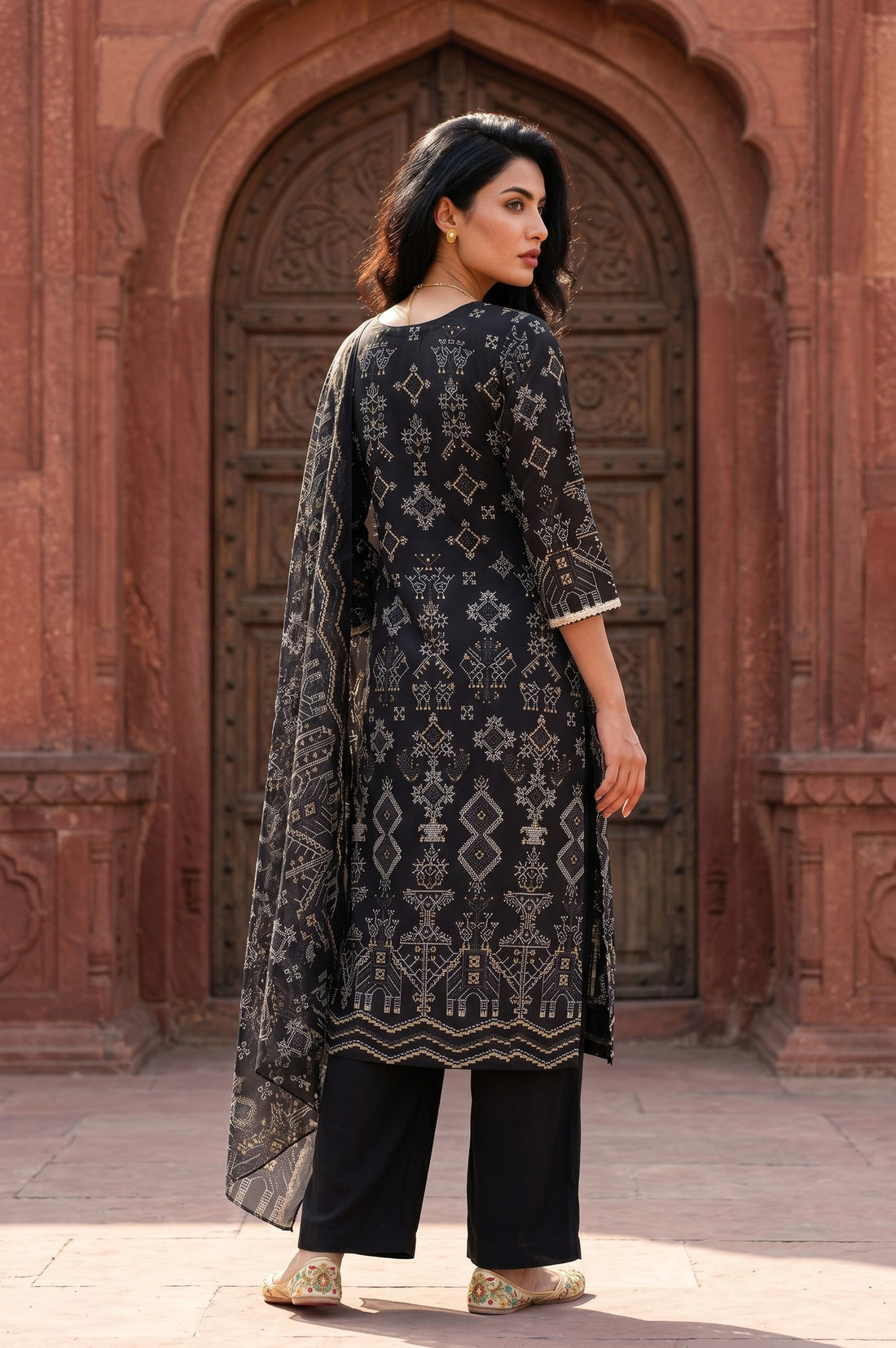 Black Geometric Printed Rayon Straight Kurta With Palazzo and Stole Set