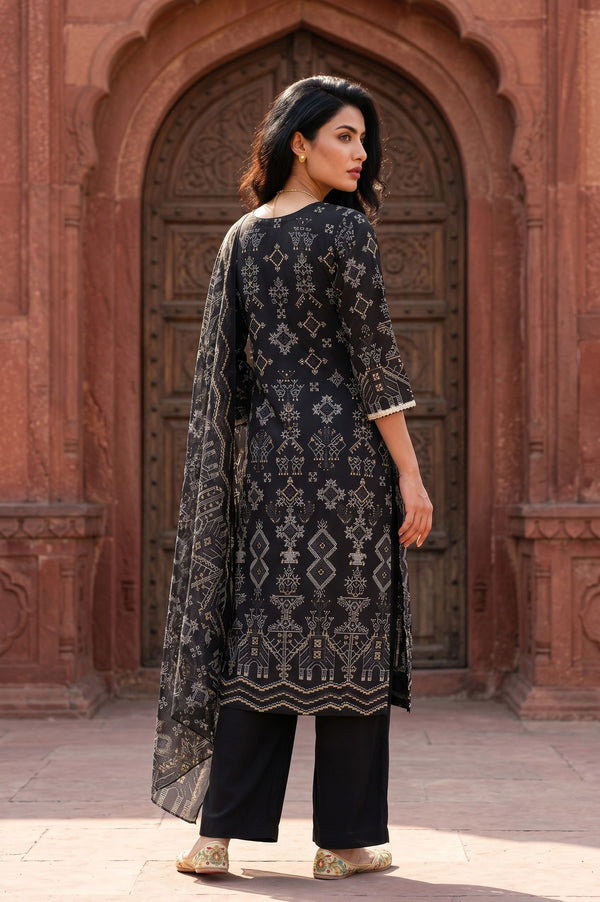 Black Geometric Printed Rayon Straight Kurta With Palazzo and Stole Set