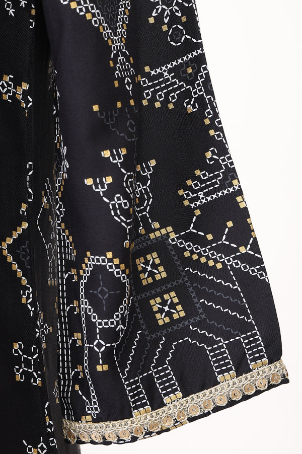 Black Geometric Printed Rayon Straight Kurta With Palazzo and Stole Set