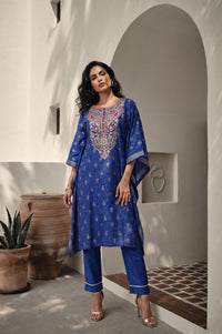 Blue Zari Embroidered Straight Kaftan with Trousers Set