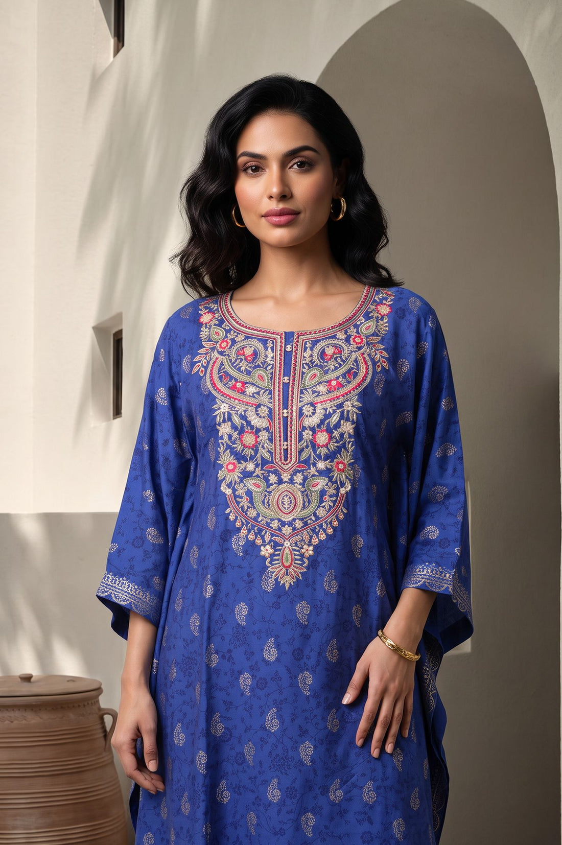 Blue Zari Embroidered Straight Kaftan with Trousers Set