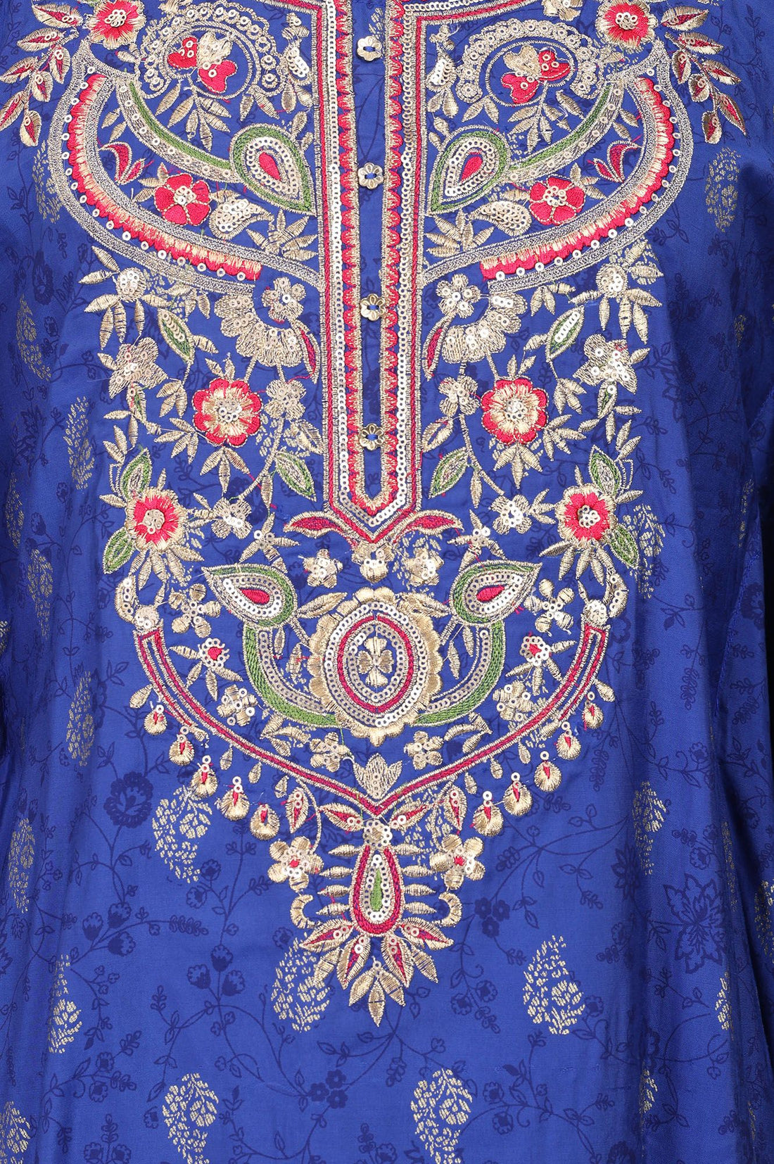 Blue Zari Embroidered Straight Kaftan with Trousers Set