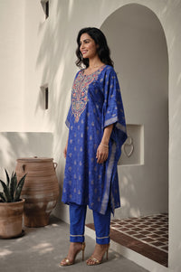Blue Zari Embroidered Straight Kaftan with Trousers Set