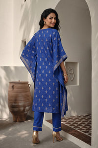 Blue Zari Embroidered Straight Kaftan with Trousers Set