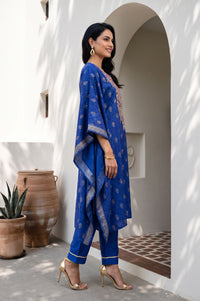 Blue Zari Embroidered Straight Kaftan with Trousers Set
