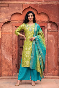 Green Floral Printed Rayon Straight Kurta with Palazzo and Dupatta Set
