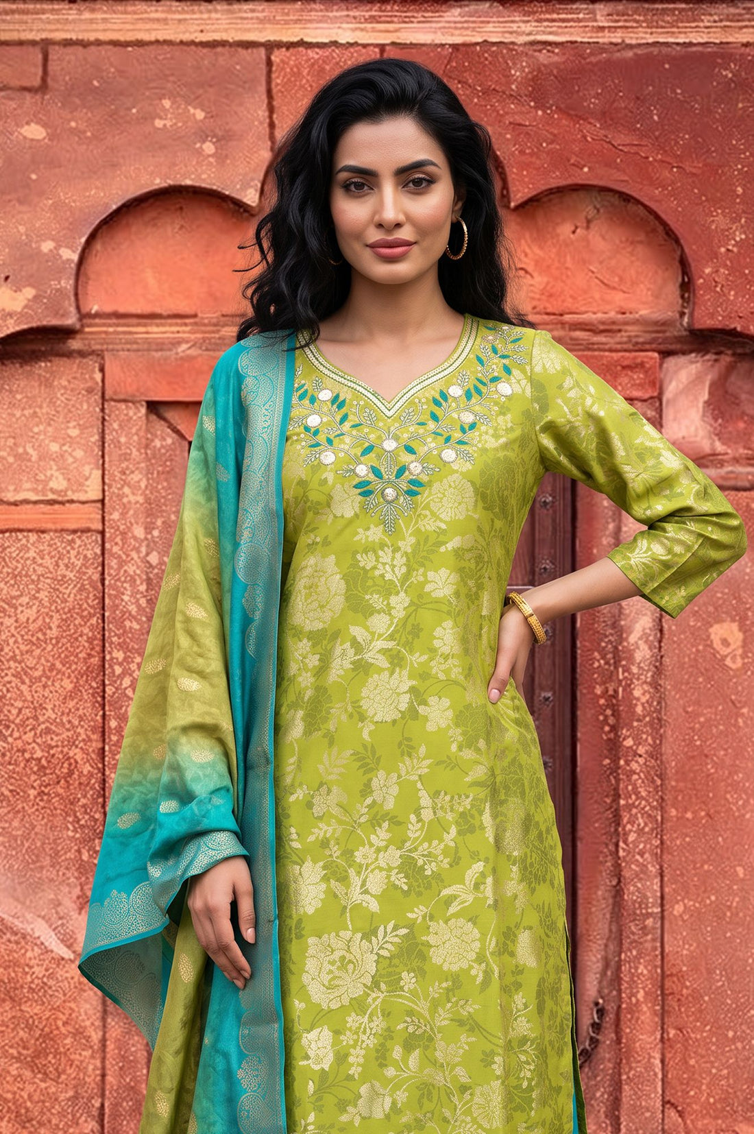 Green Floral Printed Rayon Straight Kurta with Palazzo and Dupatta Set