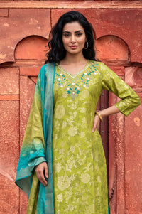 Green Floral Printed Rayon Straight Kurta with Palazzo and Dupatta Set