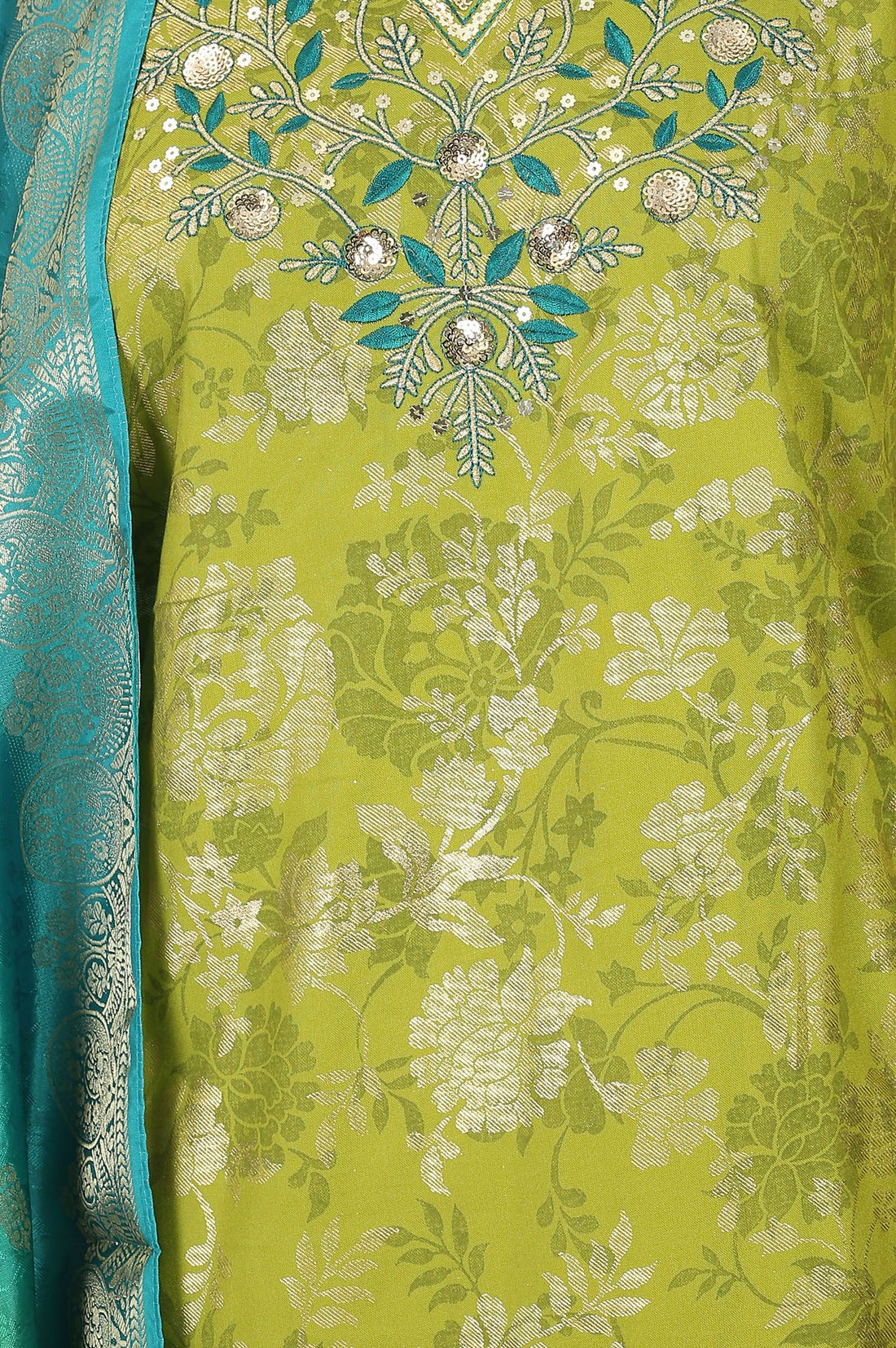 Green Floral Printed Rayon Straight Kurta with Palazzo and Dupatta Set