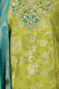 Green Floral Printed Rayon Straight Kurta with Palazzo and Dupatta Set
