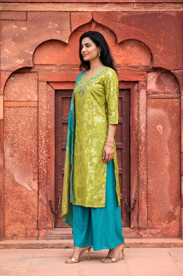 Green Floral Printed Rayon Straight Kurta with Palazzo and Dupatta Set