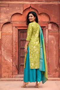 Green Floral Printed Rayon Straight Kurta with Palazzo and Dupatta Set
