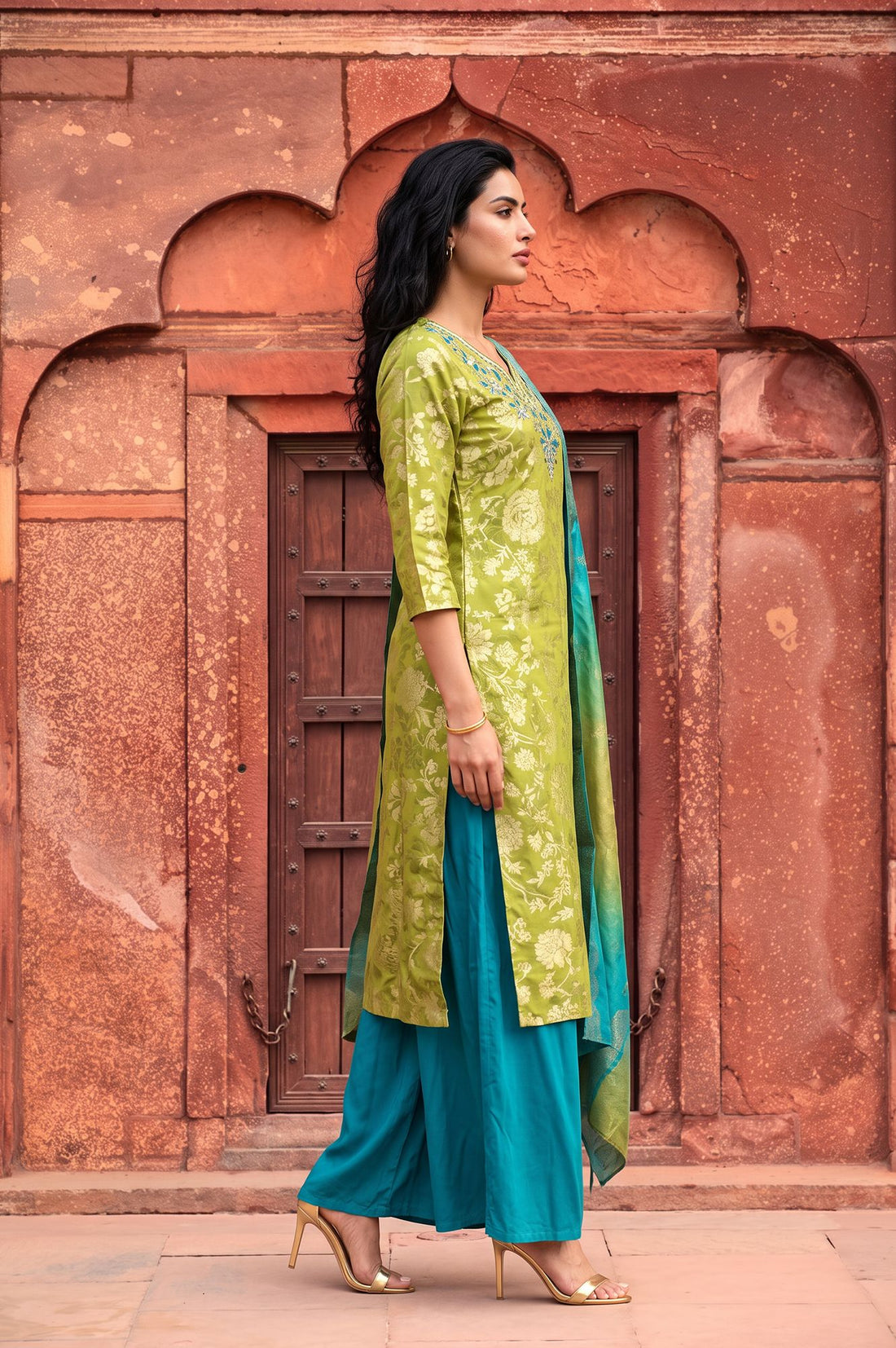 Green Floral Printed Rayon Straight Kurta with Palazzo and Dupatta Set