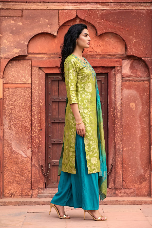Green Floral Printed Rayon Straight Kurta with Palazzo and Dupatta Set