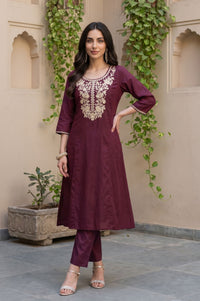 Burgundy Zari Embroidered Yarn Dyed Straight Kurta with Trousers Set