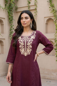 Burgundy Zari Embroidered Yarn Dyed Straight Kurta with Trousers Set