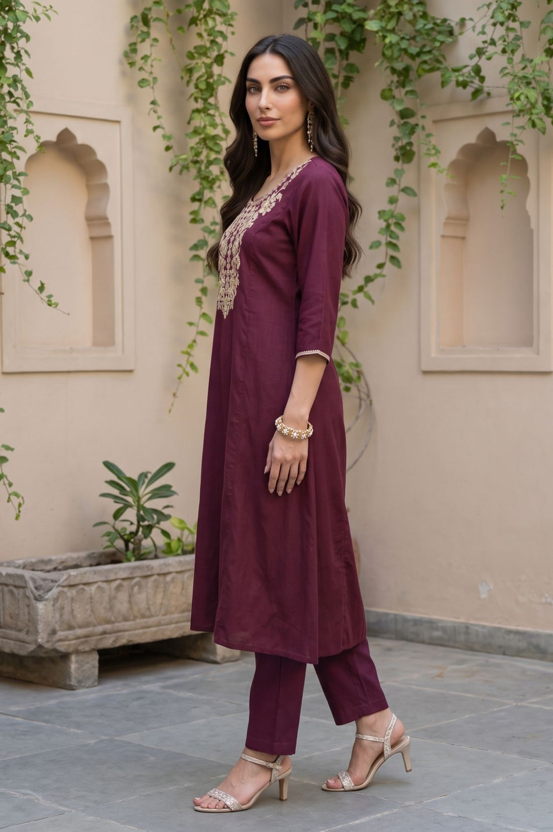 Burgundy Zari Embroidered Yarn Dyed Straight Kurta with Trousers Set