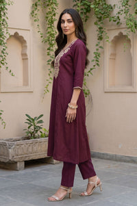 Burgundy Zari Embroidered Yarn Dyed Straight Kurta with Trousers Set