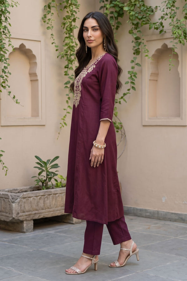 Burgundy Zari Embroidered Yarn Dyed Straight Kurta with Trousers Set