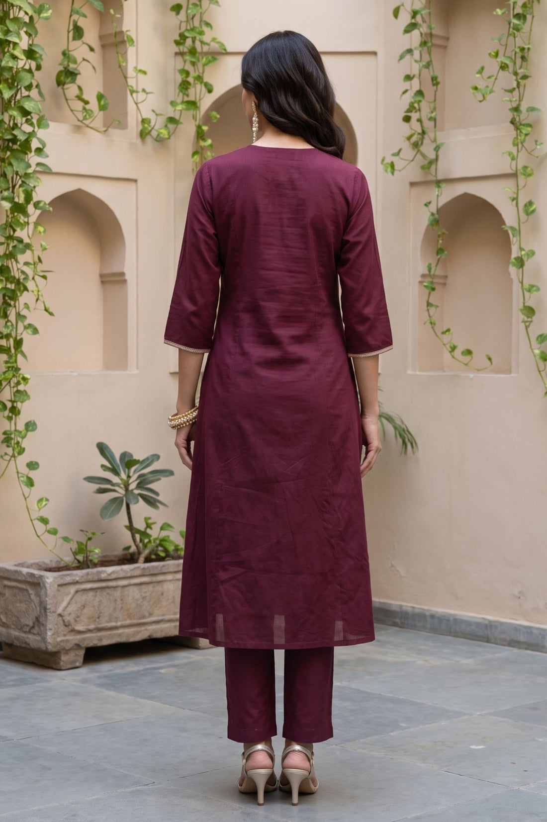 Burgundy Zari Embroidered Yarn Dyed Straight Kurta with Trousers Set