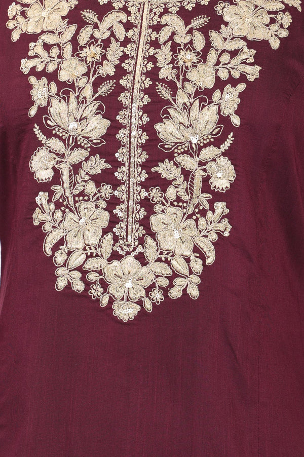 Burgundy Zari Embroidered Yarn Dyed Straight Kurta with Trousers Set
