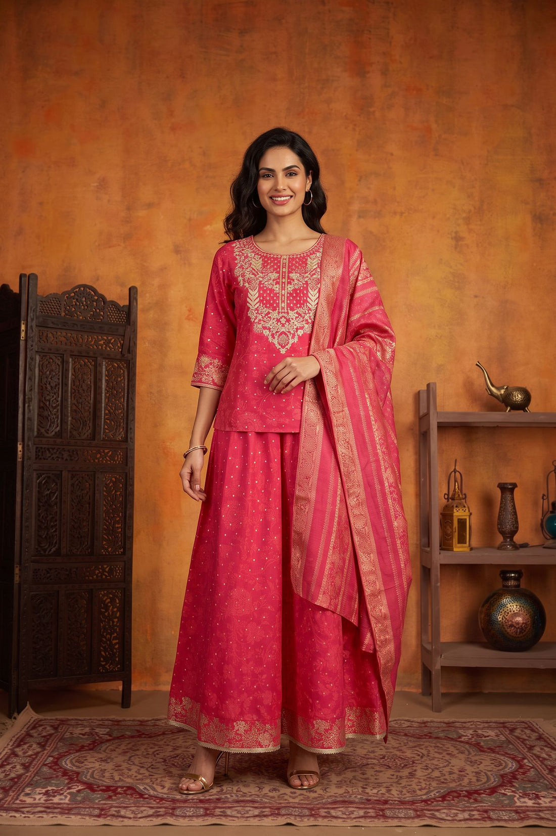 Pink Zari Embroidered Straight Kurta with Skirt and Dupatta Set