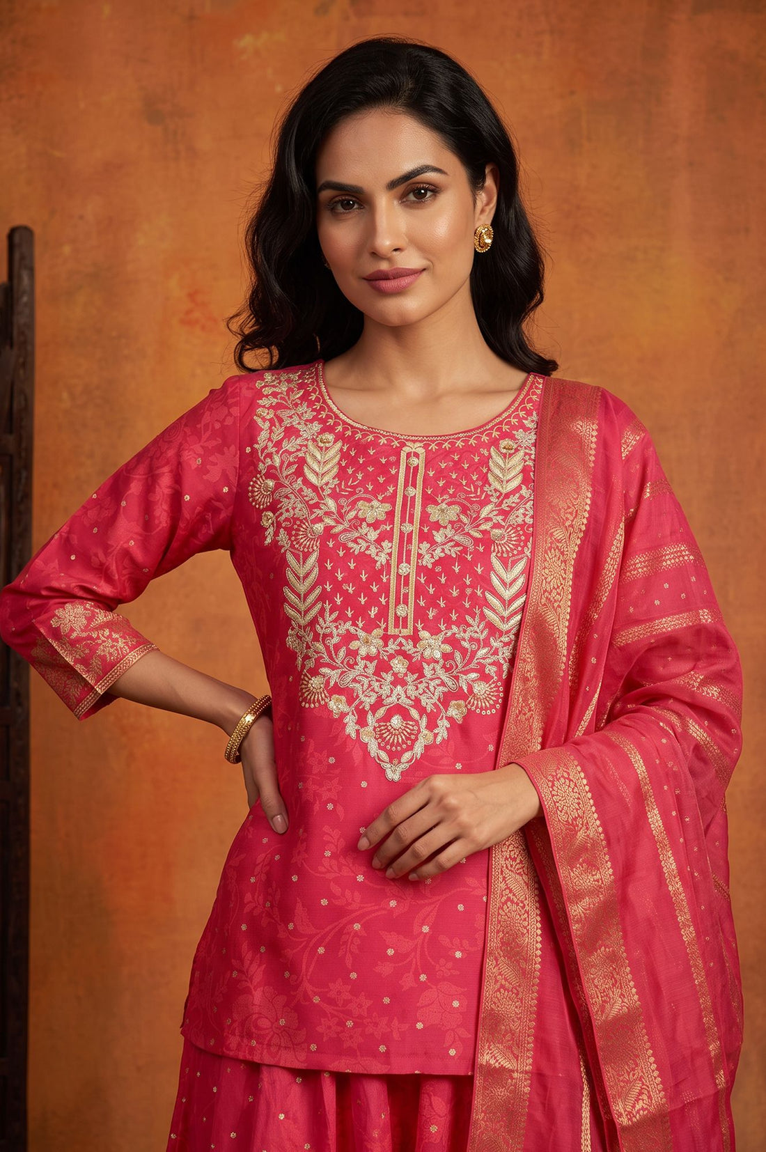 Pink Zari Embroidered Straight Kurta with Skirt and Dupatta Set