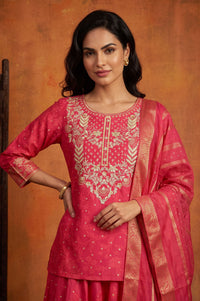 Pink Zari Embroidered Straight Kurta with Skirt and Dupatta Set
