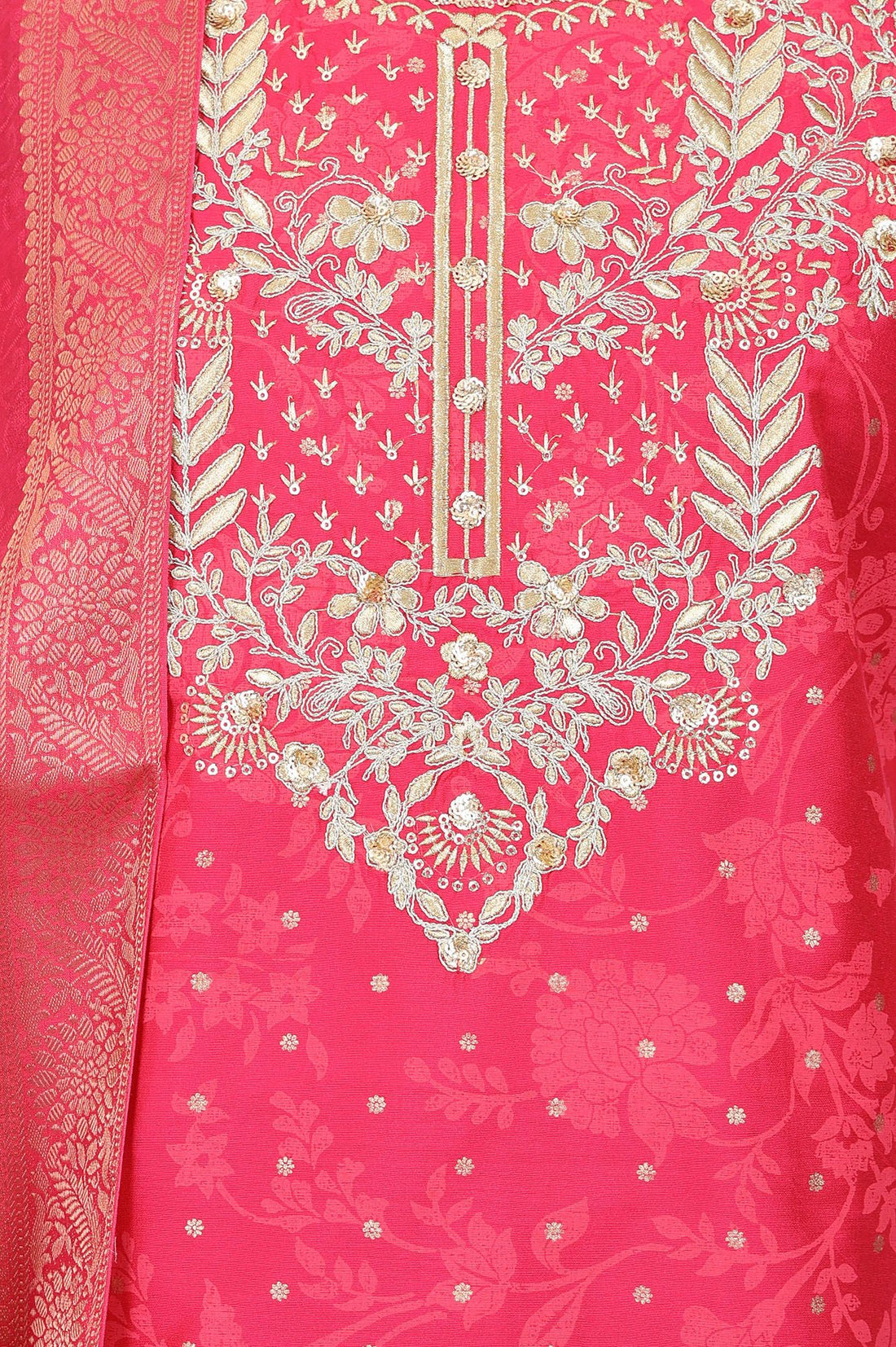 Pink Zari Embroidered Straight Kurta with Skirt and Dupatta Set